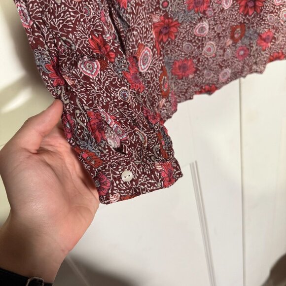 Lucky Brand Floral Bohemian Red Blouse V-Neck Loose Stretchy Tie Sleeve Size XL - Picture 9 of 9